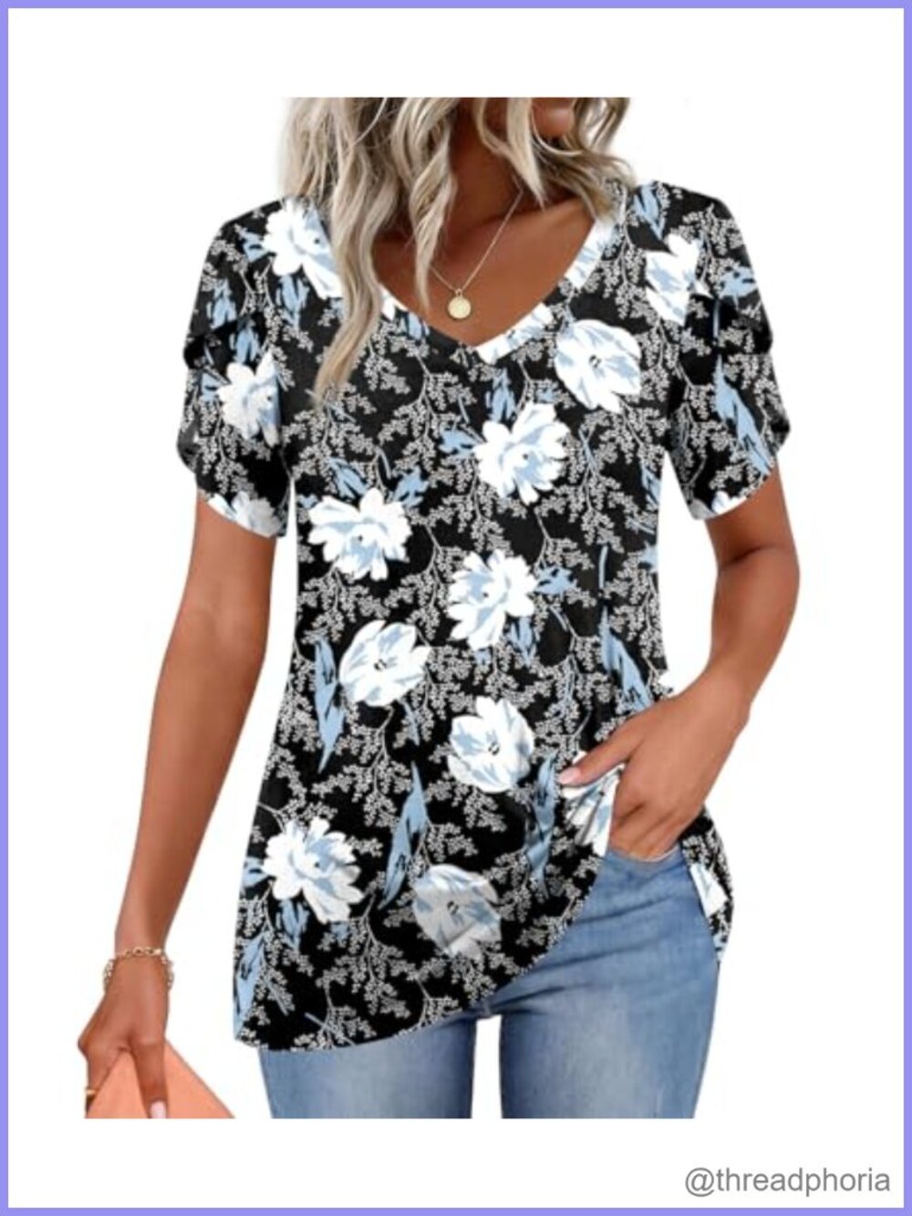 Women's V-Neck Floral Tunic Top Short Sleeve Rayon Spandex Blouse